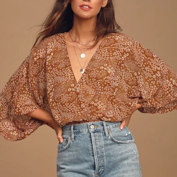 Lulus Top Promises Kept Brown Floral Print Sheer Smocked Shirt Size Small - Picture 1 of 7